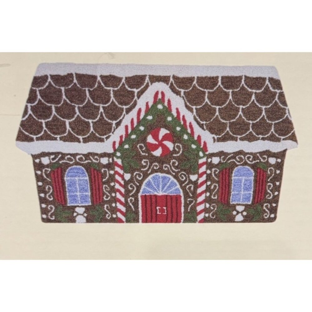 Christmas Gingerbread House Rug Hand Hooked Carpet Memory Foam Padding 22” x 38”